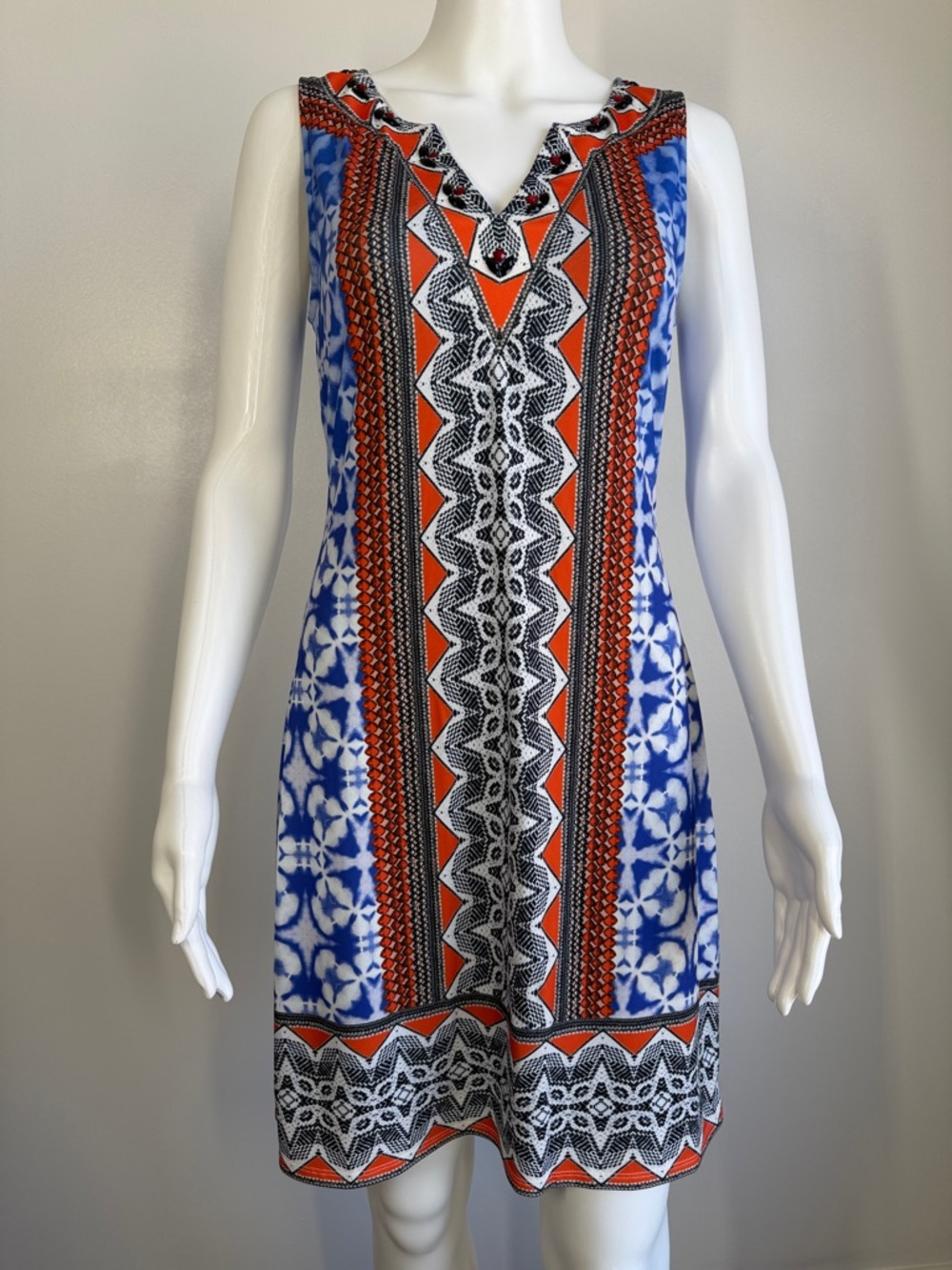 Hale Bob Sleeveless Jersey Dress Blue Orange Tile Print S